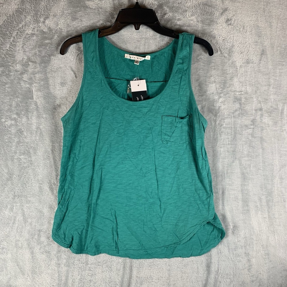Max Studio Women's Tank Top Pocket Tee L Green‎ 100% Cotton NWT